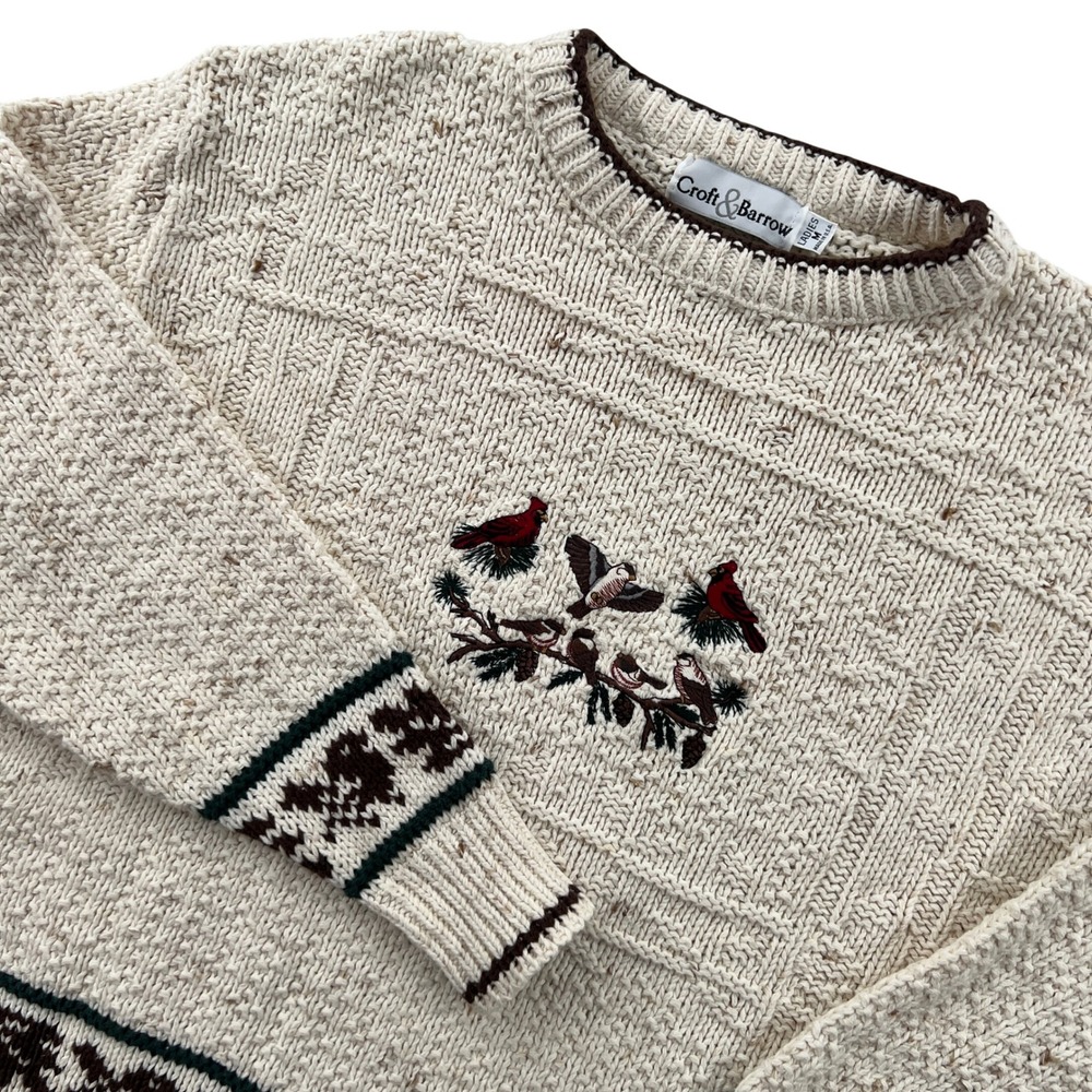 VTG 90s Croft & Barrow Bird Sweater Women M Cream Embroidered Knit Cabin Cottage